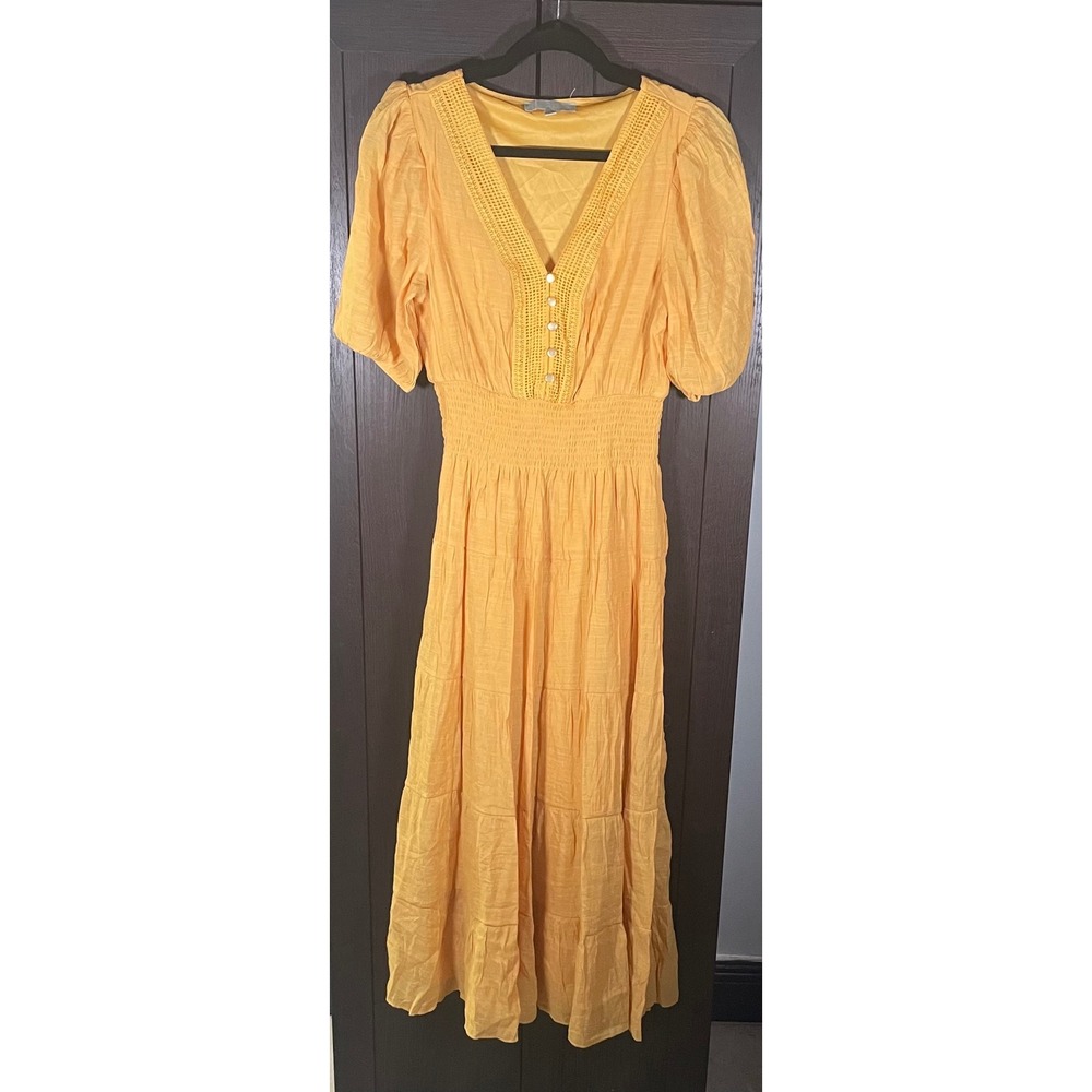 J GEE Women Mustard Yellow Crochet Lace Smocked Tiered Maxi Dress Size M